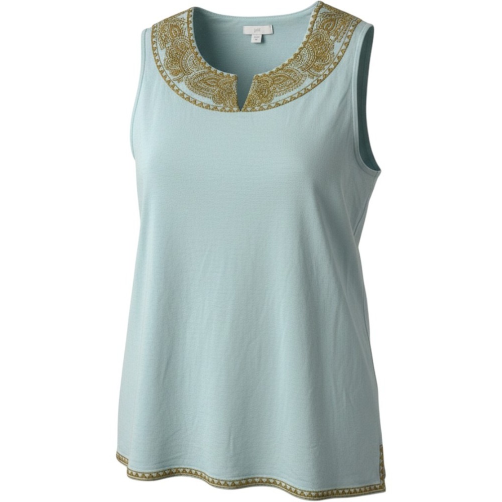 J. Jill Tank Top Womens XS Aqua Gold‎ Embroidered Split Neck Cotton Blend